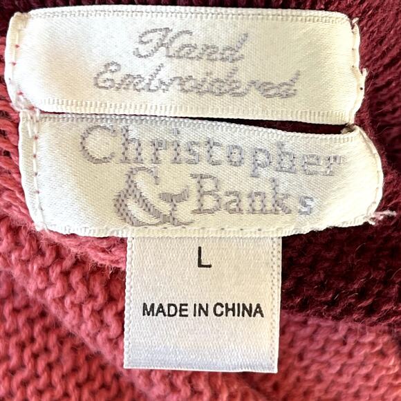 Vintage Christopher & Banks Patchwork Crew Neck Knit Sweater Pink Tan Womens L - Picture 6 of 8